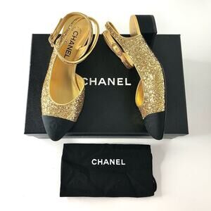 Chanel CC Logo Glitter and Grosgrain Cap Toe Slingback Platform Heel Pumps 37